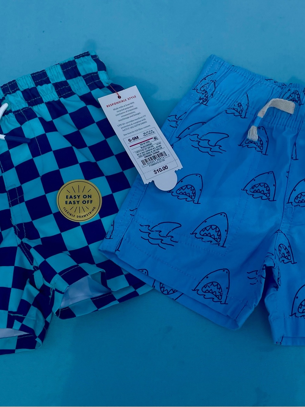 Kids Blue Checker & Shark Swim Shorts - 6-9M cat and Jack and 12 month Walmart